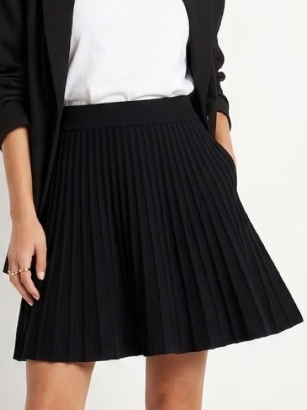 Women's Black Pleated Knit Skater Skirt party career, casual date night 1054